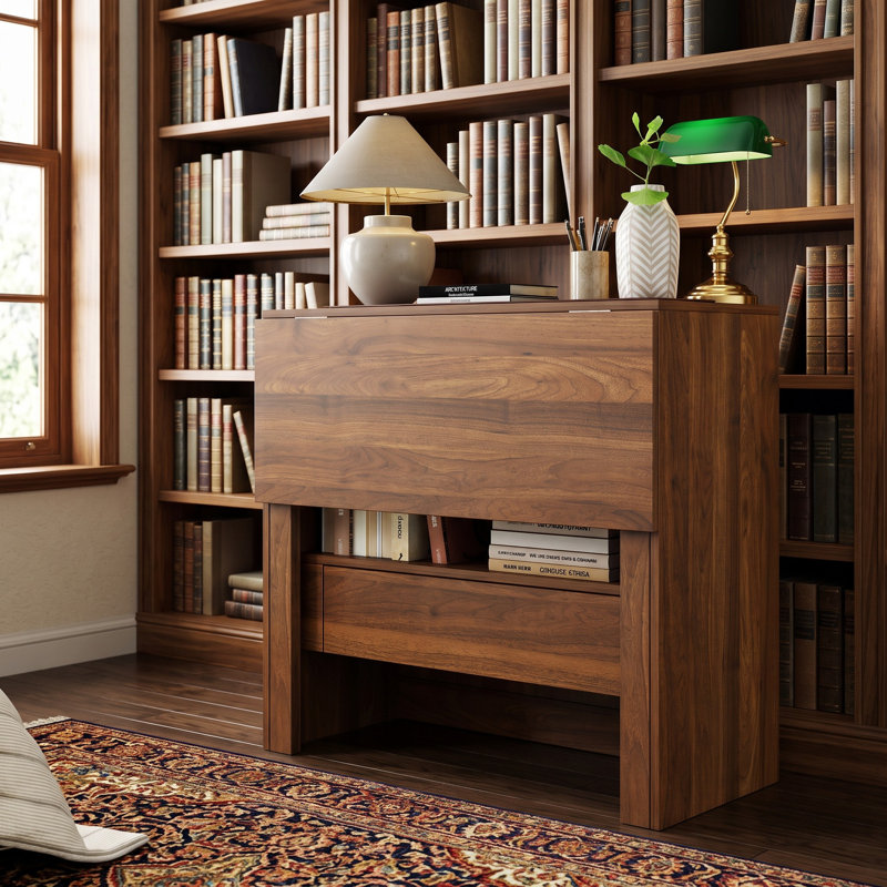 Bureau convertible pour bibliothèque avec tiroirs et casier ouvert - Bureau compact pour petites chambres et bureaux à domicile
