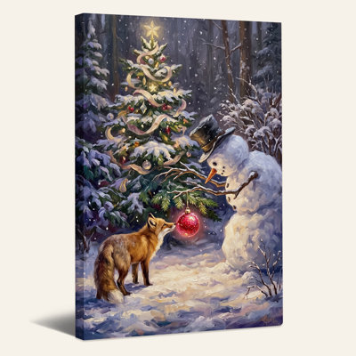 Fox and Snowman Near Snowy Tree Christmas, art mural sur toile