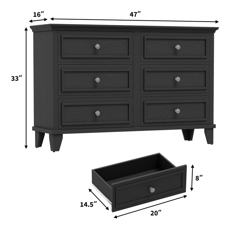 Commode de rangement à 6 tiroirs avec tiroirs en bois et poignées en métal pour bureau d'entrée, Noir