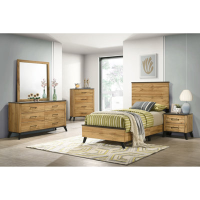 Ensemble de chambre à coucher 5 pièces, lit Mid-Century moderne, une table de chevet, une commode, un miroir de commode et une commode
