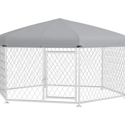 Grand chenil pour l'extérieur - 6,9 pi x 6,1 pi 4,9 pi, toit imperméable, porte verrouillable, argent avec toit imperméable, chiens