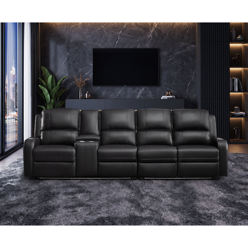 Vardie Faux Leather Power Reclining Sectional, Black Faux Leather