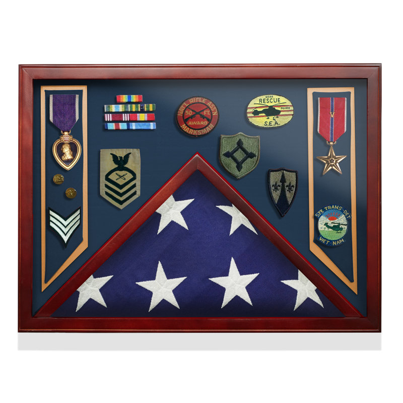 Reminded Military Medal and Burial Flag Shadowbox Display Case, Navy