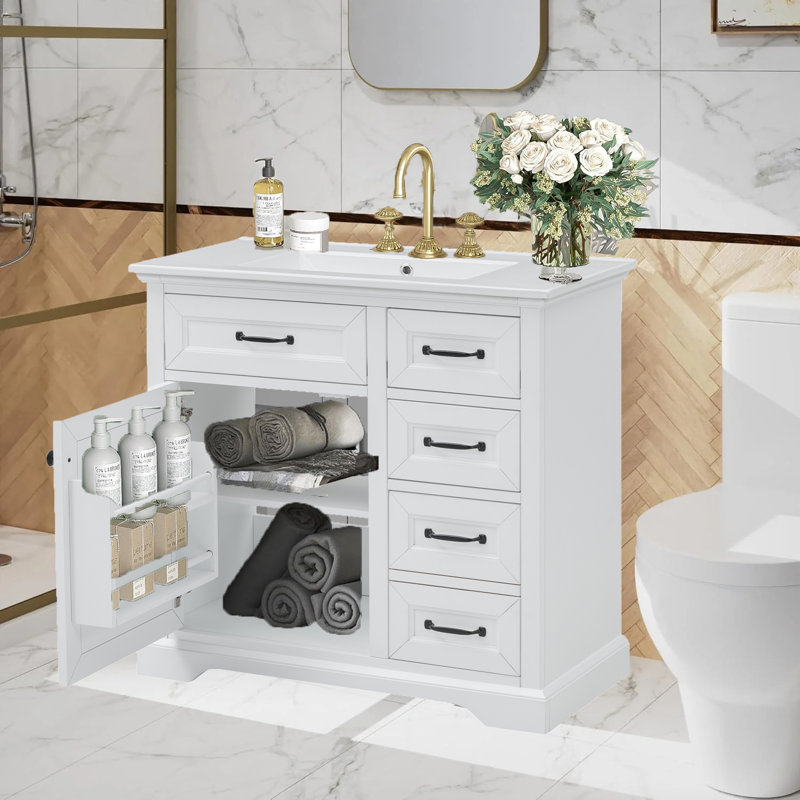 Meuble-lavabo sur pied 36 po avec lavabo en céramique encastré et armoire de rangement simple avec tiroirs, gris-vert, Blanc