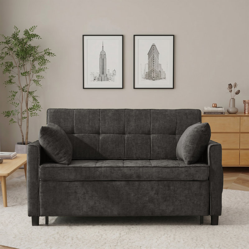 56.9'' Upholstered Convertible Sleeper Sofa with USB and Side Pocket, Gray
