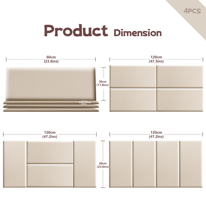 Panneau mural peler et coller avec compression en similicuir, H 11,9 po x l 23,6 po, Beige
