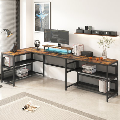 Bureau en forme de U avec prises de courant et support à bande et moniteur à DEL, bureau en forme de L avec tablette de rangement, bureau de jeu pour bureau à domicile, rétro