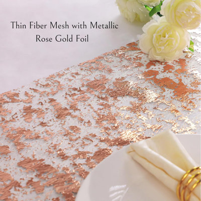 Rose Gold Table Runner 11 Inch x 100 Feet Glitter Sequin Metallic Pink Thin Mesh Runner Sparkly Table Decorations for Birthday, Wedding, Bridal Shower, Baby Shower Party