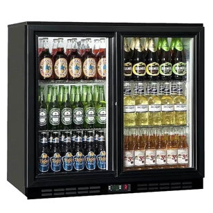 35 In. 7.4 Cu. Ft. 2 Glass Sliding Door Counter Height Back Bar Cooler Refrigerator with Led Lighting in Black