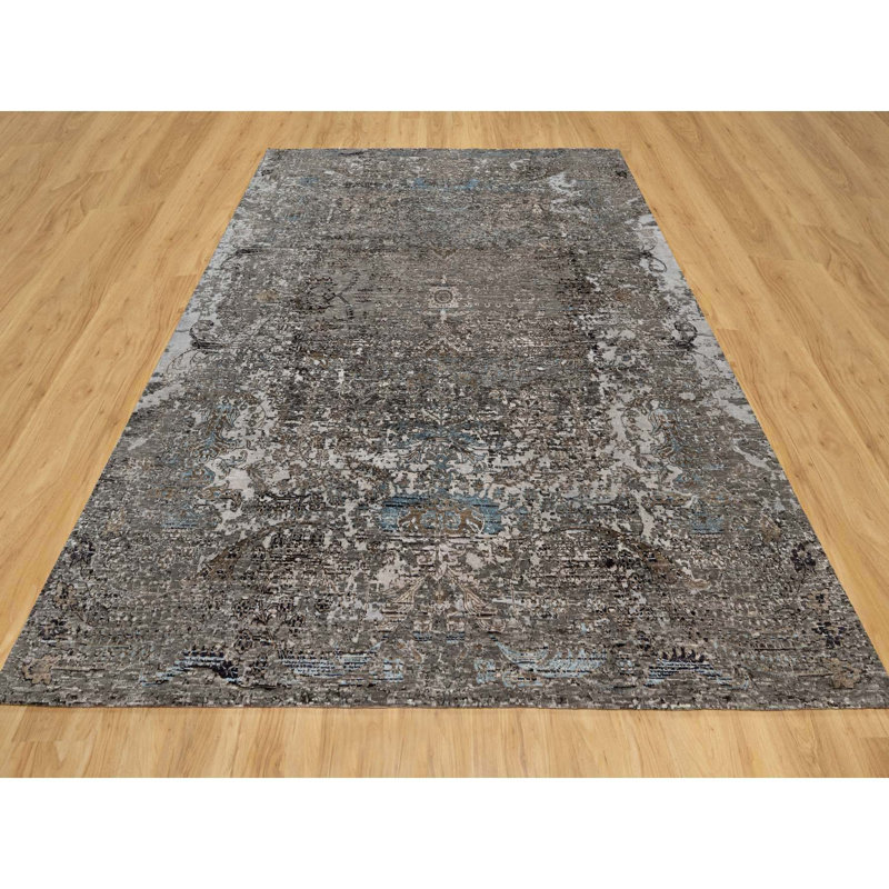 Tapis gris intense en laine noué à la main 7 pi 11 po x 9 pi 10 po