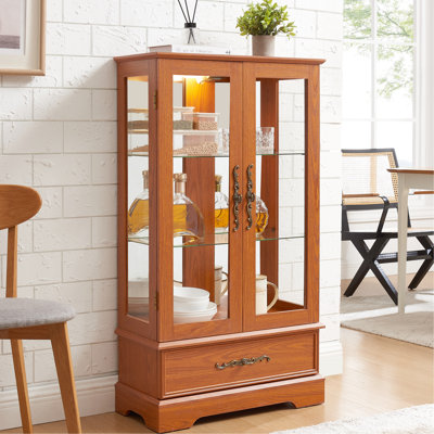 American Retro Style Cabinet With , Adjustable Glass Shelves, Metal Handles For Storing Wine And Collectibles Dark Oak 2 Doors, 1 Drawer, Shelves Internal Lighting Home Display