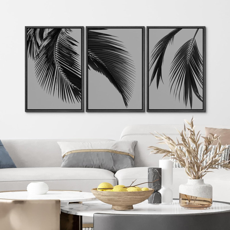 Tropical Palm " Tropical Jungle Palm Leaf " 3 - Pieces, Black, 24" H x 16" W x 1.5" D