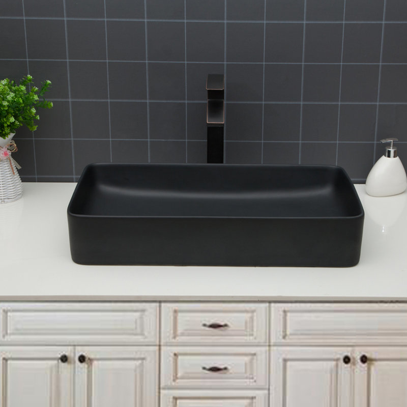 Modern Black Rectangular Vessel Ceramic Bathroom Sink 24"x13.5", Smooth Surface, Easy To Wipe, Indoor And Outdoor, Countertop Installation Acid - Suitable For Setup