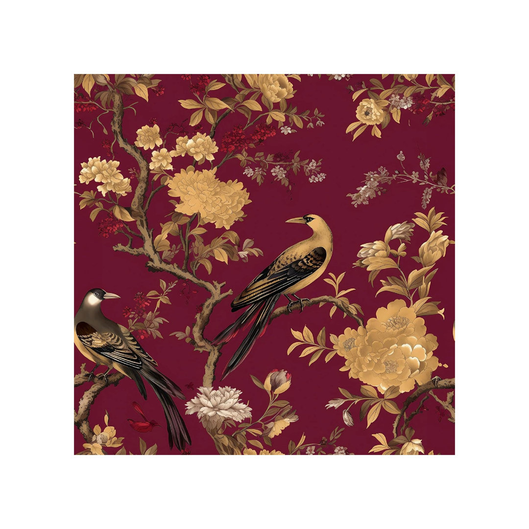 Red and Gold Floral Wallpaper, Self Adhesive, Vintage Bird Pattern, Waterproof Sticky Back Plastic Wallpaper, 44.5 CM x 7 M