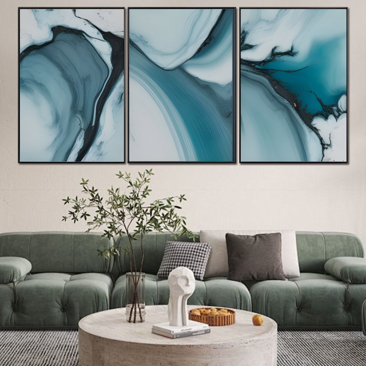 Ivy Bronx 3 Piece Abstract Black And Blue Marble Shape Wall Art Framed