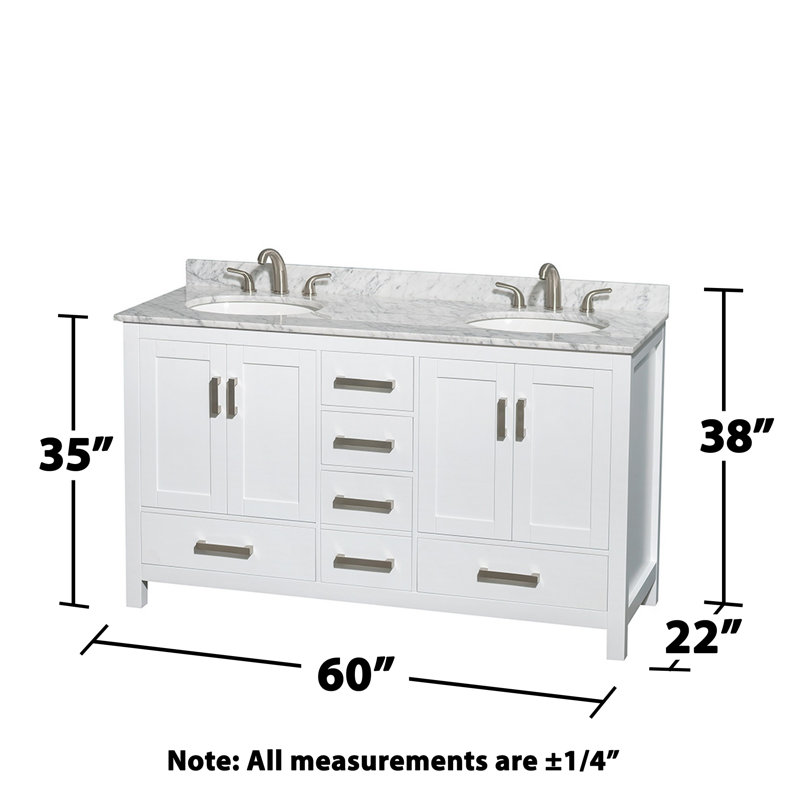 Sheffield 60" Freestanding Double Bathroom Vanity with Marble Top, White, White Carrera