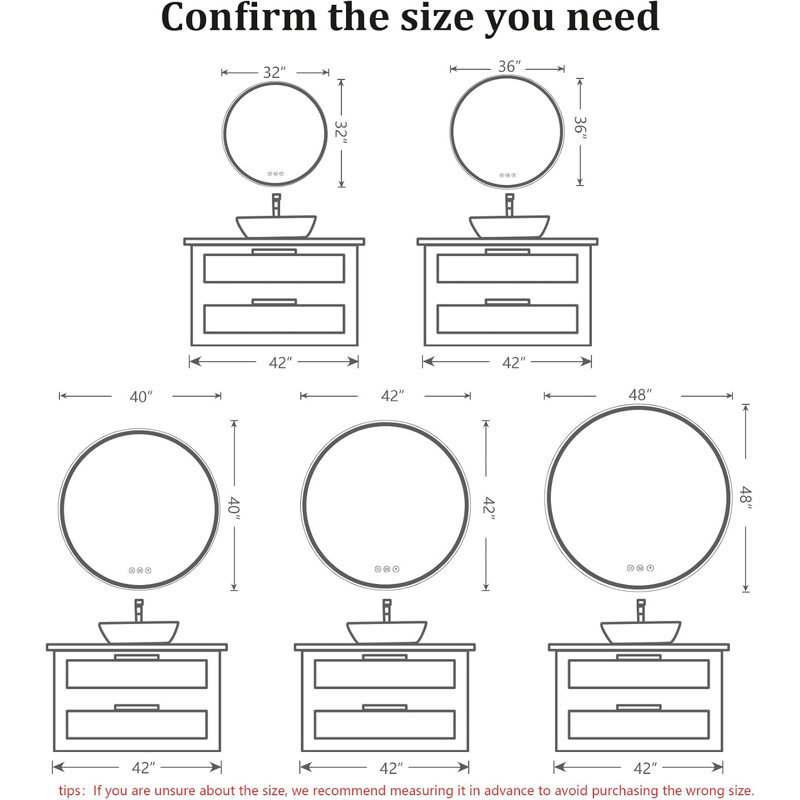 Miroir rond pour salle de bain à DEL, 42 po, verre trempé incassable HD