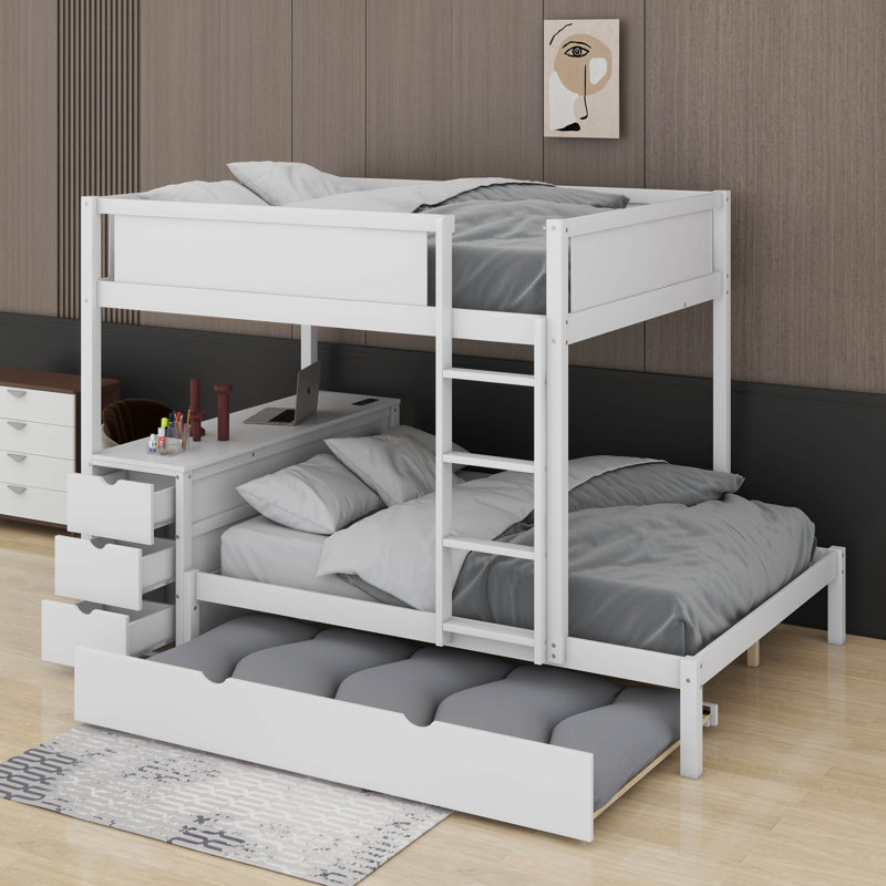 Lit superposé double avec lit gigogne, lit superposé en bois avec ports USB, rangement et bureau, Blanc