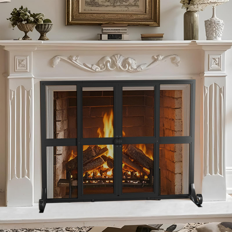 Pare-étincelles avec portes coulissantes, l 37,8 "x H 30,7" en fer forgé fabriqué à la main