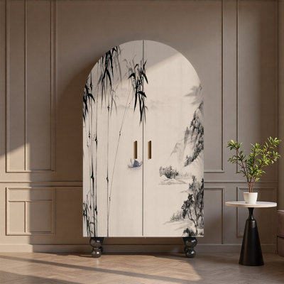 Pine Wardrobe with Ink Landscape Design