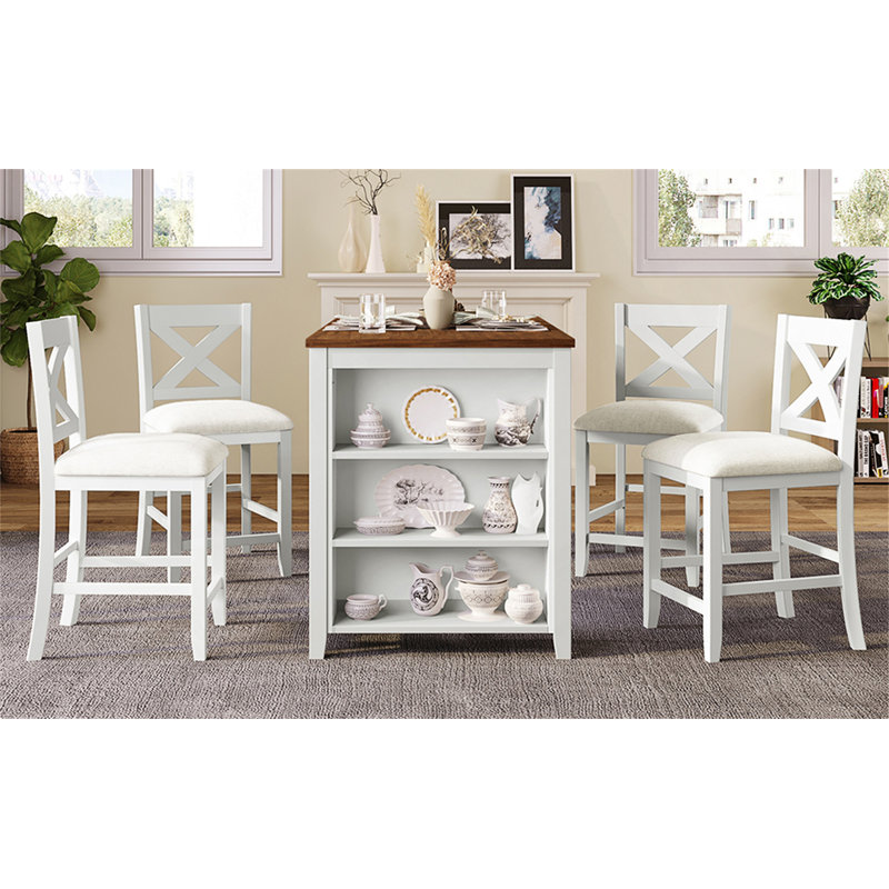 Ensemble de table de bar en bois 5 pièces à hauteur de comptoir avec 4 chaises, Brun / Blanc