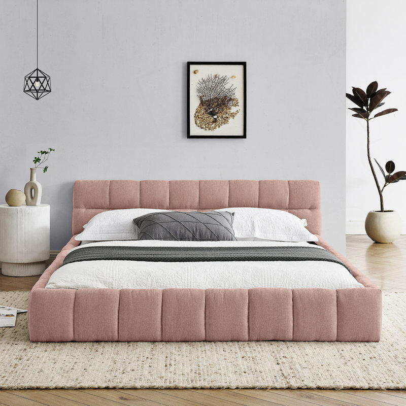 Queen Size Upholstered Bed Frame With Thick Fabric, Pink