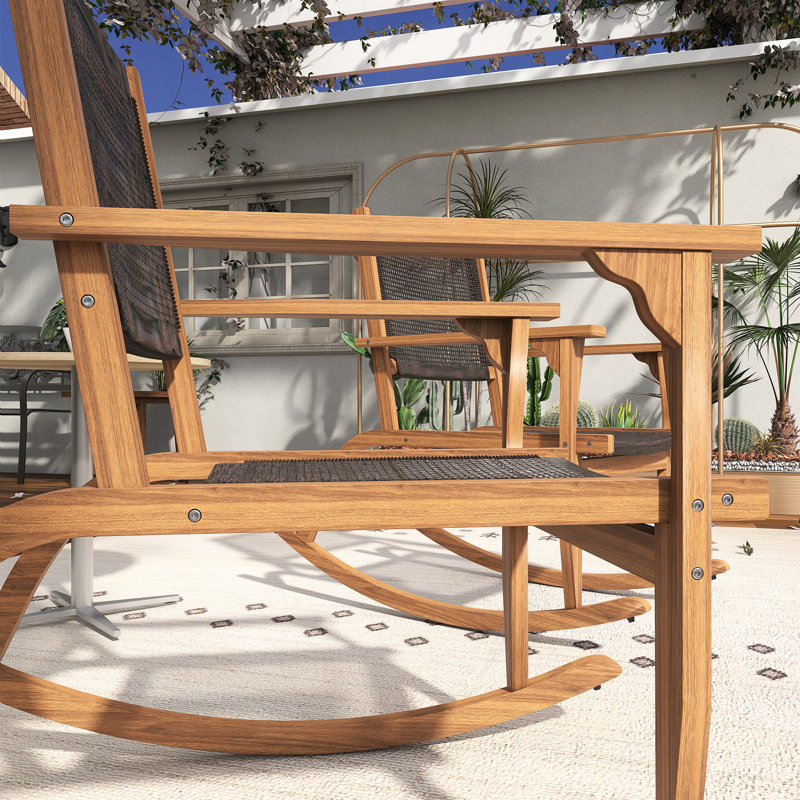 Ensemble de chaises berçantes d'extérieur 2 pièces avec structure en bois d'acacia et siège en osier, Brun foncé / noir