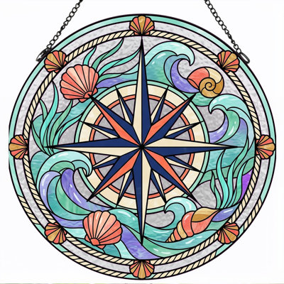 Nautical Compass Stained Glass Window Panel，7.8H