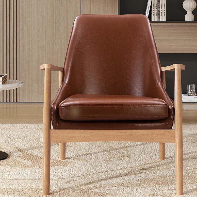 Chaise d'appoint en similicuir, fauteuil de style Mid-Century moderne avec structure en bois massif, fauteuil de lecture avec dossier haut pour le salon