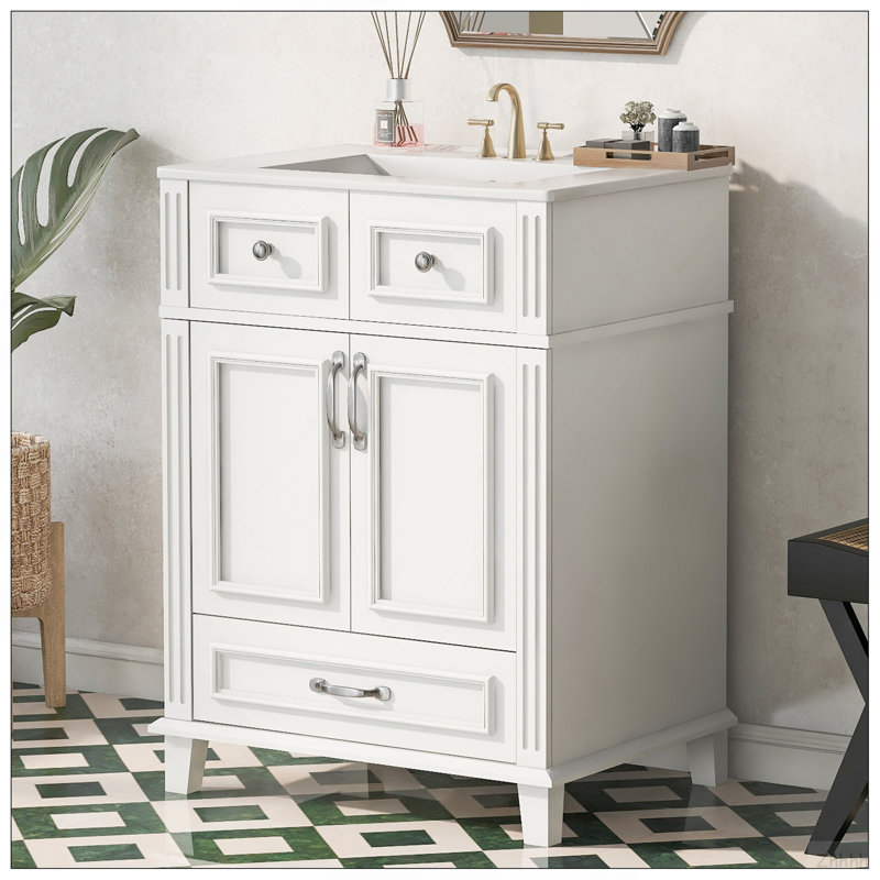 Meuble-lavabo de 24 po avec lavabo en céramique, armoire de rangement en bois massif avec portes à fermeture douce, style rétro, blanc