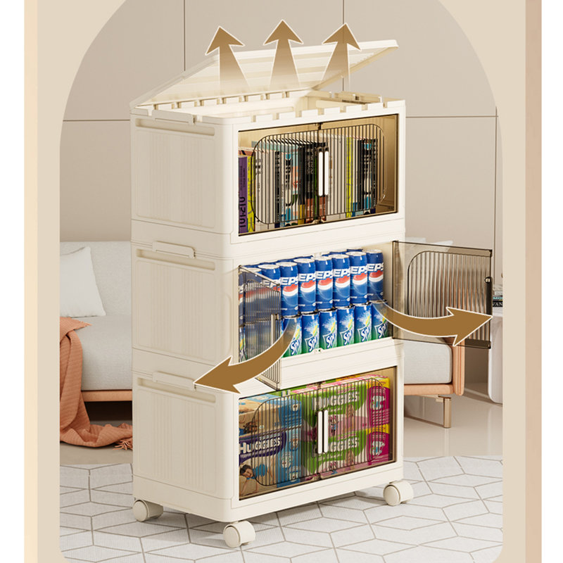 3-Tier Folding Storage Cabinet - 19.69" Wide, Collapsible With Magnetic Door, Plastic Storage With Wheels