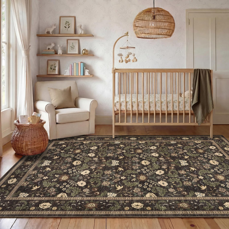 Vintage Floral 8x10 Large Living Room Rug with Non Slip Backing, Stain Resistant Non Shedding Oriental Distressed Area Rugs, Low Pile Foldable Carpet