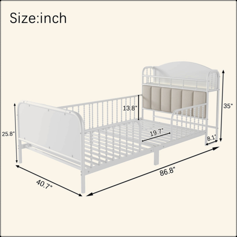 Structure de lit plateforme en métal avec lumière, lit en métal pour enfants avec tête de lit tapissier et rangement, Blanc