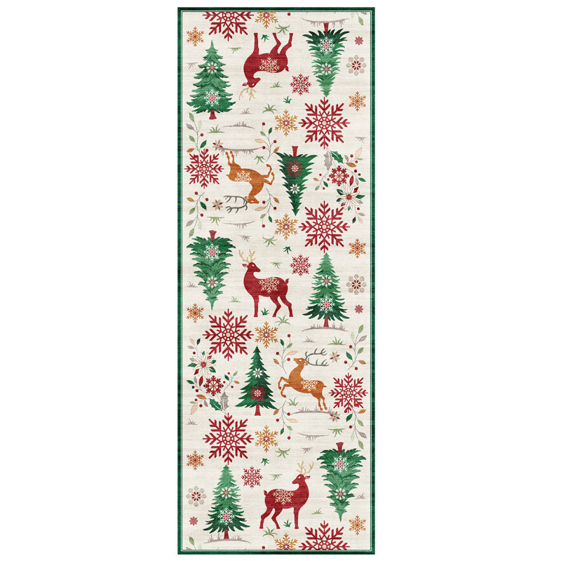  Lilirose Crystal Print Rudolph Christmas Modern Reindeer Polyester Washable Flat Pile Indoor Area Rug, Runner 2'2" x 6'