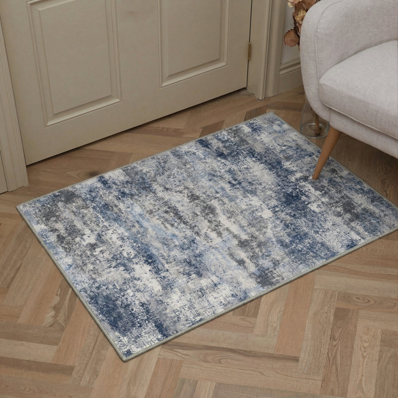 Comeau Aura Abstract Machine Washable White / Grey / Blue Indoor Area Rug with Non-Slip Backing, Round 5'