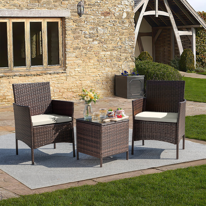 Jagger 3-Piece Seating Group with Cushions and Tempered Glass Top Table, Beige