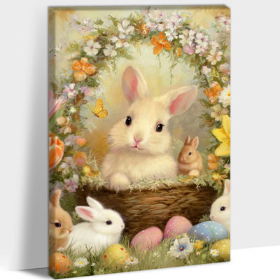 Spring Easter Bunny Wall Art, Spring Easter Bunny Pictures Wall Decor, Easter Egg and Rabbit Pictures, Easter Prints for Living Room Bedroom Kids Room Nursery Ready To Hang