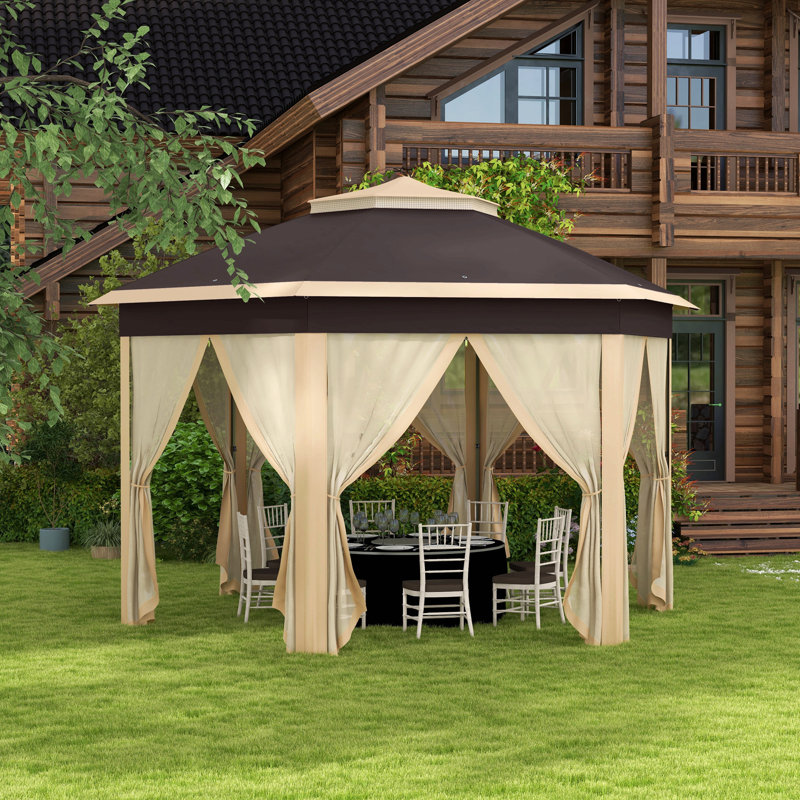 13' X 13' Pop Up Gazebo, Hexagonal Canopy Shelter With 6 Zippered Mesh Netting, Event Tent With Strong Steel Frame For Patio, Backyard, Garden, Wedding, Party, Beige