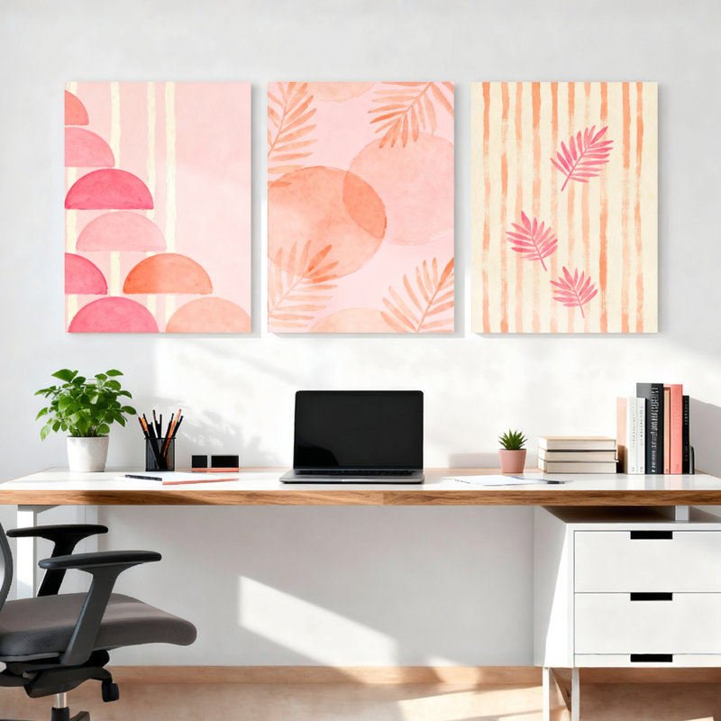 Abstrait rose et pêche géométrique et feuille tropicale, reproduction d'art sur toile, impression de style aquarelle (ensemble de 3)