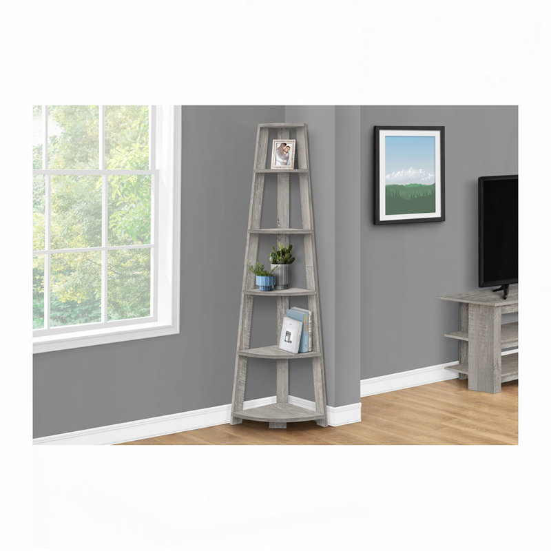5 Tier Corner Bookshelf Bookcase, Gray, (5 Shelves) 71.25" H x 22.5" W x 15.5" D