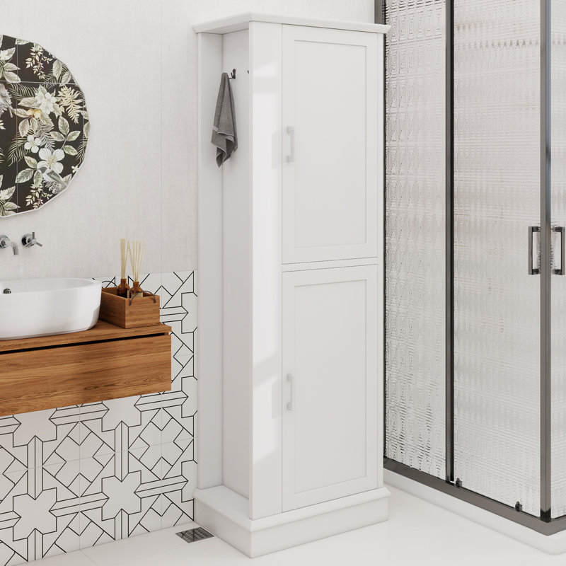 Grande armoire de rangement pour salle de bain, armoire de rangement autoportante avec crochet et tablette réglable, panneau de fibres à densité moyenne, blanc