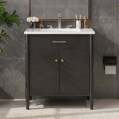 Meuble-lavabo de salle de bain avec lavabo en céramique, tablette réglable et portes à fermeture en douceur