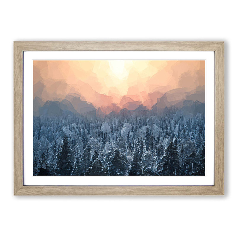 Sun High over Winter a Forest in Abstract - Picture Frame Graphic Art Print on MDF, 62cm H x 87cm W x 2cm D, Oak Framed