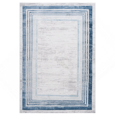 Bordered Area Rug Non-Slip Soft Floor Carpet Blue & Ivory Home Decor Rug for Living Room Bedroom