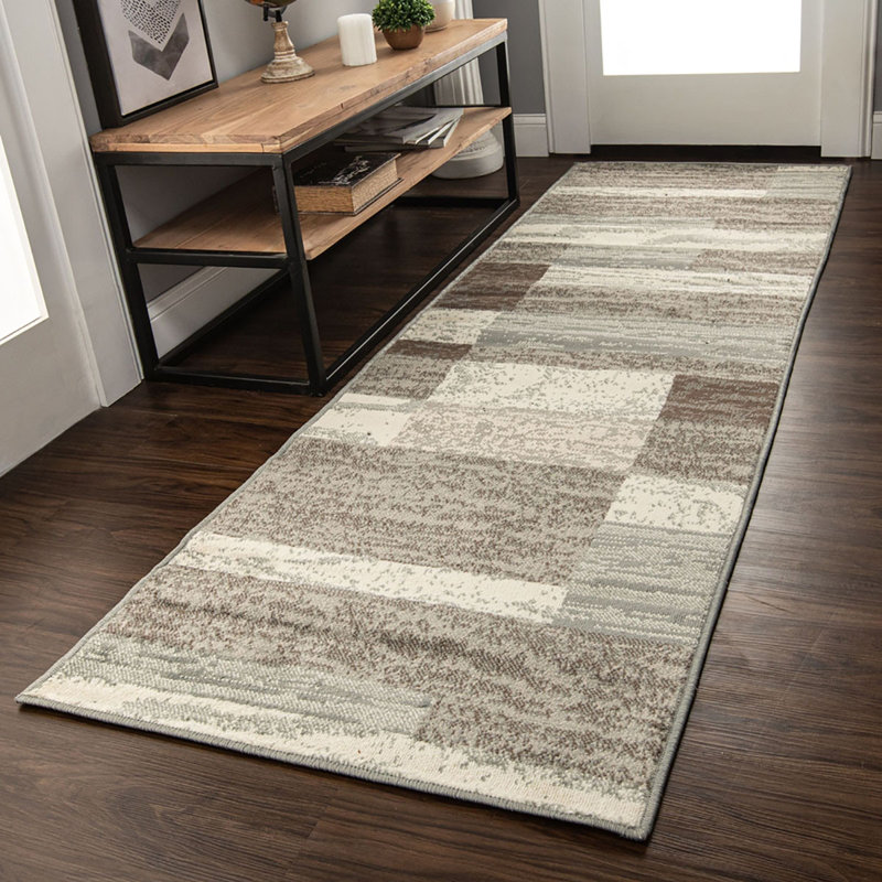 Light Blue And Ivory Patchwork Power Loom Stain Resistant Rug
