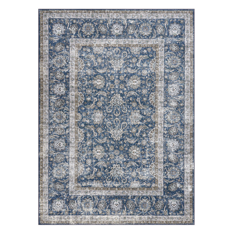 Boho Vintage Floral Area Rug Machine Washable Low Pile Retro Carpet for Living Room Bedroom Dining Room Home Office, Blue