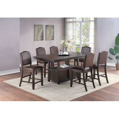 Table de salle à manger à hauteur de comptoir espresso rustique avec base de rangement et chaises hautes 7 pièces Ensemble repas en similicuir espresso rustique