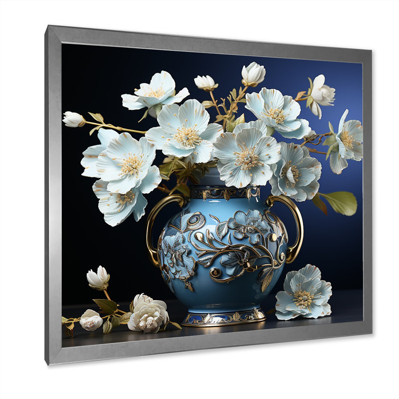 Arrangement de fleurs d'hibiscus blanc sur toile, Cadre simple argenté, H 16 po x l 16 po x P 1 po