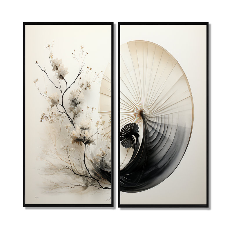 Art asiatique, coquillage Sumi VI - Art asiatique, art mural, 2 panneaux, 20" H x 24" W, Impression encadrée flottante, Black