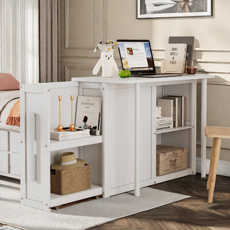 Multifunctional Wood Platform Bed With Desk And Storage Shelves, Built-in Trundle And 3 Drawers, White